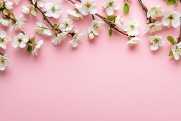 Apple flowers on pink paper background. Pastel colors. Flat lay, top view. Spring flowers with green leaves. Floral pattern. Creative trend composition. Layout with blooming fruit tree. Greeting Card.