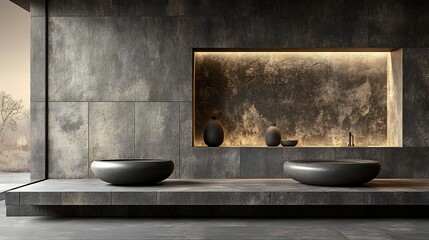 Serene dark grey room subtly lit showcasing textured walls and sleek bowls. AI Generated