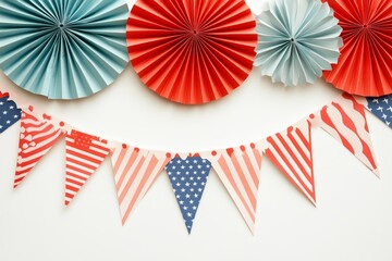 Obraz premium A flat lay, top view of USA decorations and confetti on a white background is used to create a banner design for Happy Labor Day or Columbus Day