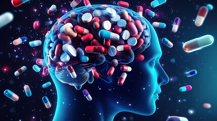 3D Brain and Colorful Pills in Neural System