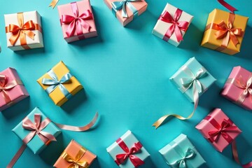 A delightful arrangement of pastel-colored gift boxes adorned with elegant ribbons, creating a festive and celebratory atmosphere on a vibrant teal background.