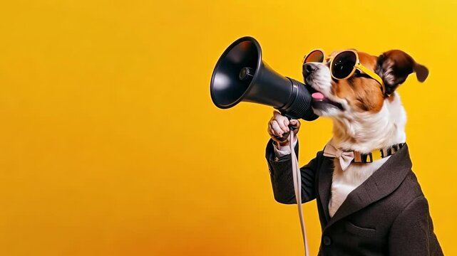 Cute dog holding a loudspeaker in his paws on a yellow background for an announcement with empty space for text
