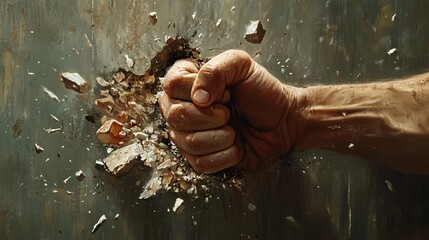 Clenched Fist Punching Through Solid Wall with Flying Debris and Cracks