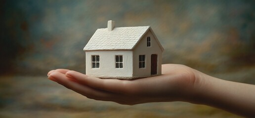 Hand holds model house against blurred painted backdrop