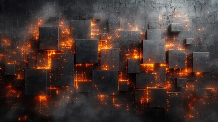 Fototapeta premium Glowing Cubes Abstract Dark Background Intense Orange Light. AI Generated