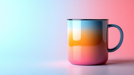 A sleek, enamel mug, its smooth surface reflecting the vibrant hues of a summer sky, sits ready for your brand is design, a perfect mockup for coffee, tea, or any beverage.