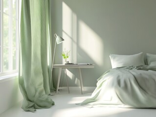 Serene bedroom with sage green linens, curtains, and walls, bathed in sunlight.
