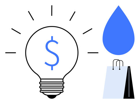 Lightbulb with dollar sign for financial ideas, water drop for sustainability, shopping bags for consumer behavior. Ideal for innovation, savings, sustainability, creativity, retail, eco-awareness