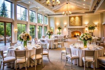 Elegant Indoor Wedding Reception: Round Tables, White Linens, Floral Centerpieces, Cozy Fireplace