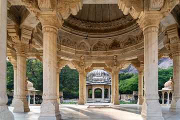India. Rajasthan. Jaipur. Gatore Ki Chhatriyan. Magnificent marble memorial dedicated to Maharaja...