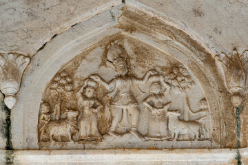 India. Rajasthan. Jaipur. Gatore Ki Chhatriyan. Magnificent marble memorial dedicated to Maharaja Sawai Mansingh II and his family. Bas relief