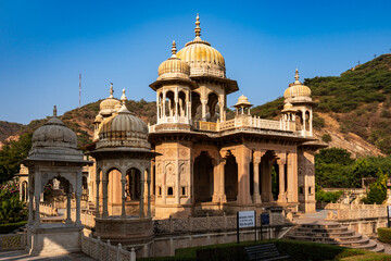 India. Rajasthan. Jaipur. General view of Gatore Ki Chhatriyan. Magnificent marble memorial...