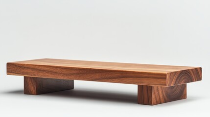 A minimalist display stand, crafted from polished wood, stands poised against a pristine white backdrop, inviting viewers to envision its potential as a showcase for a variety of products.