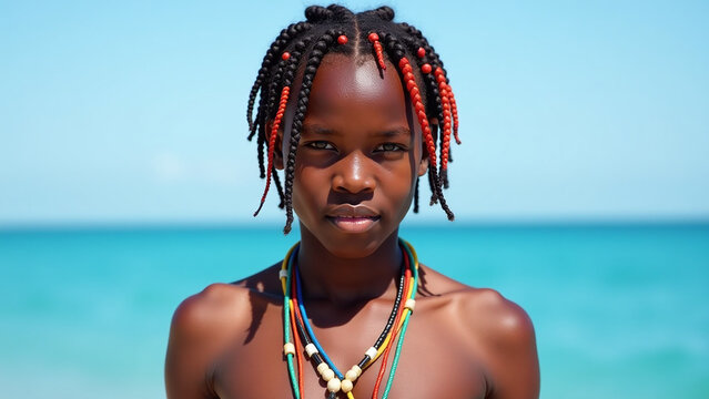 young man stands confidently colorful braids traditional adornments serene blue