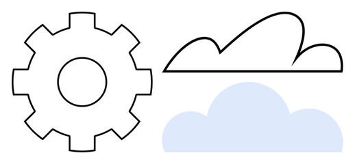 Gear outline near blue and white clouds symbolizing cloud computing, innovation, and technology. Ideal for digital transformation, teamwork, software, automation, modern solutions, progress flat