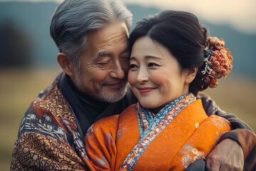 Romantic Japanese couple dressed in traditional kimono, sharing a tender moment in soft natural light. Ideal for cultural projects, wedding themes, greeting cards, or love and heritage concepts