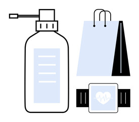 Smartwatch with heart monitor, pump sanitizer bottle, and shopping bag. Ideal for health, fitness, hygiene, shopping, wellness tech modern lifestyle. Flat simple metaphor