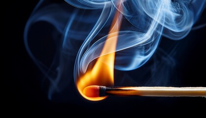 Macro shot of a single burning matchstick, with wisps of smoke swirling in high detail, capturing the delicate motion and texture of the flame and smoke.
