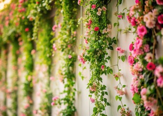 Elegant Pink Flowers & Green Vines Wall - High-Resolution Stock Photo