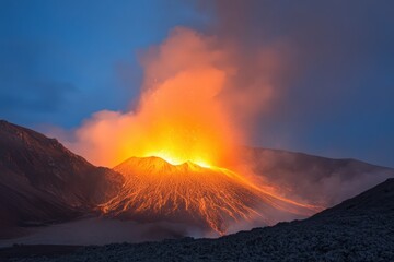 Fototapeta premium Fiery Volcanic Eruption at Twilight: Orange Lava Flows Against a Dark Night Sky