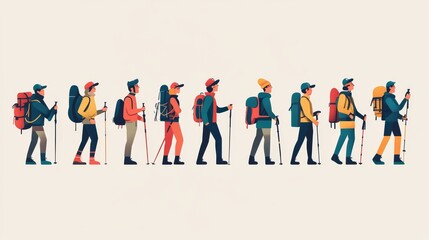 Fototapeta premium Outdoor enthusiast character pack drawn in contemporary flat art style, harmonious color scheme, consistent line weight details, balanced proportions across characters, clear silhouettes, organized