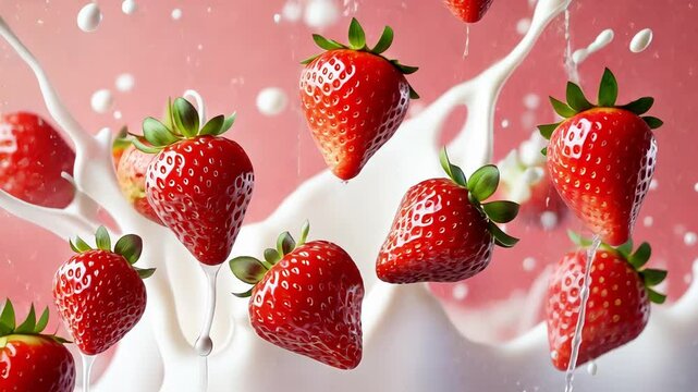 Fresh strawberries splashing in cream with vibrant red and white colors.