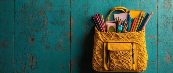A vibrant yellow backpack, packed to the brim with an assortment of colorful school essentials such as notebooks in various hues, pencils, scissors, and a ruler, is set against a bold blue