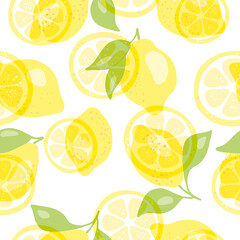 Fresh yellow fruits of lemon, lime, with green leaves and flowers. Seamless citrus texture on a white background. Whole lemon slice. Doodle Minimal Style. Black line. Vector illustration.