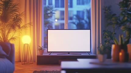 Mockup Empty Flat Screen lcd White Blank Monitor Display TV  Television in cozy house