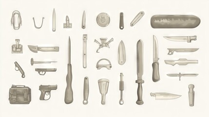 Vintage military tools set illustrated in clean vector style, accurate handle designs, clear blade shapes, educational context, consistent proportions, organized layout, professional presentation