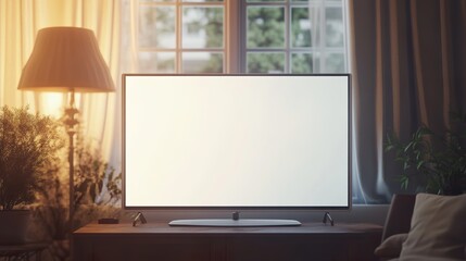 Mockup Empty Flat Screen lcd White Blank Monitor Display TV  Television in cozy house