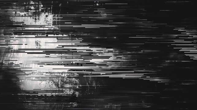 A black and white abstract background with a digital glitch effect.