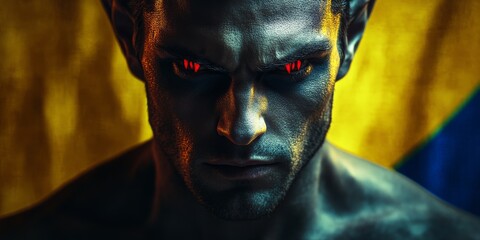 Aggressive man showing red eyes against ukraine flag background