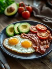 A plate of bacon and eggs with avocado and tomato slices on a wooden table.