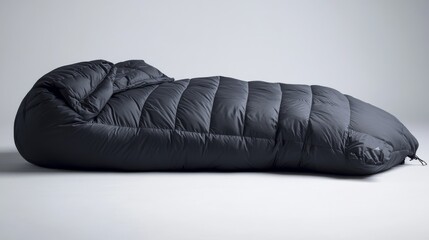 Lifestyle product shot of premium sleeping bag, diffused studio lighting, clean white cyclorama background, subtle shadow detail, ultra-sharp focus on brand details and features, professional