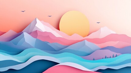 Papercut Mountain Landscape With Pastel Colors At Sunset. Vector Design.