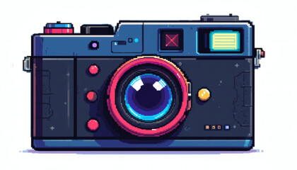 Retro 8-Bit Pixel Camera with Chunky Lens and Simplified Buttons in Bright Colors, Isolated on White Background