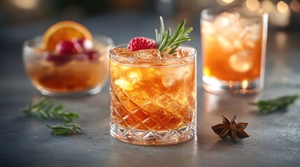 Festive cocktails with raspberries and rosemary, holiday setting