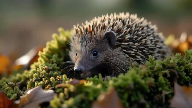 Hedgehog nestled in moss and leaves, showcasing its hedgehog needle in a natural setting