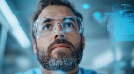 Focused scientist analyzing data with futuristic digital interface in modern laboratory setting