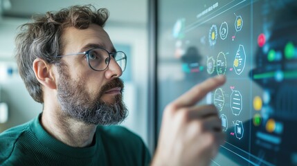 Focused professional analyzing digital data on touchscreen interface in modern office setting