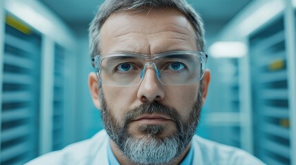 Confident scientist in protective eyewear analyzing data in high-tech laboratory environment with modern equipment