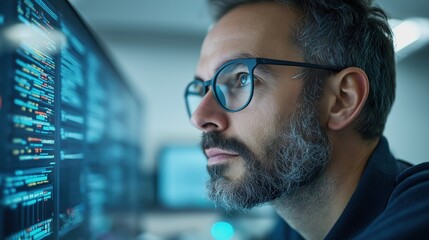 Focused software developer analyzing code on high-tech monitor in modern workspace, showcasing innovation and data analysis skills