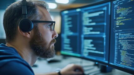 Fototapeta premium Focused male programmer analyzing code on dual monitors, wearing headphones and glasses in a modern tech workspace environment