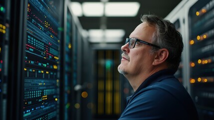 Focused it professional analyzing data on server rack in modern data center environment