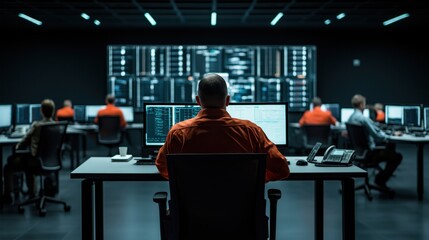 Cybersecurity team monitoring networks in high-tech control room, emphasizing focused professionals analyzing data and threats