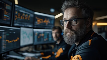 Focused analyst monitors complex data visualizations in high-tech control room, highlighting digital insights and team collaboration