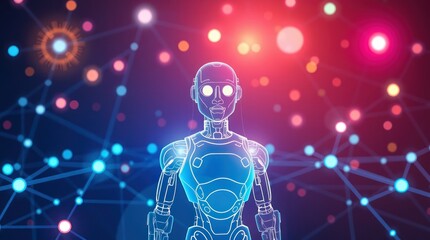 Artificial Intelligence Robot with Glowing Network Connection Technology Concept