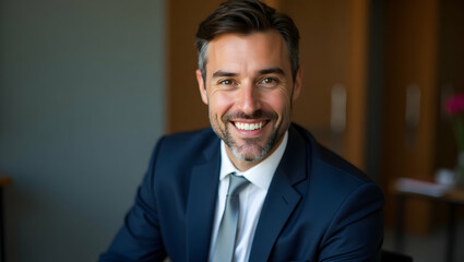 A headshot shows a smiling businessman in a suit and tie.