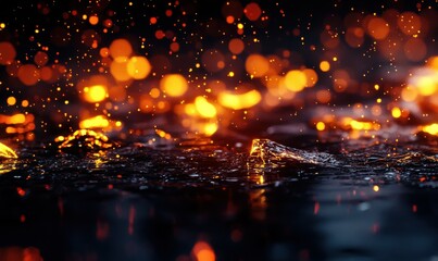 Glowing embers scattered on dark surface with blurred fiery lights.